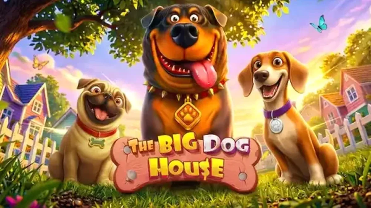Tela de jogo do slot The Big Dog House com símbolos de cães e casas de cachorro