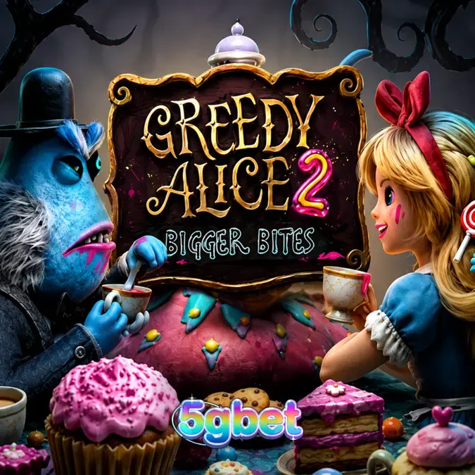Interface do jogo Greedy Alice 2 Bigger Bites com elementos visuais de Wonderland